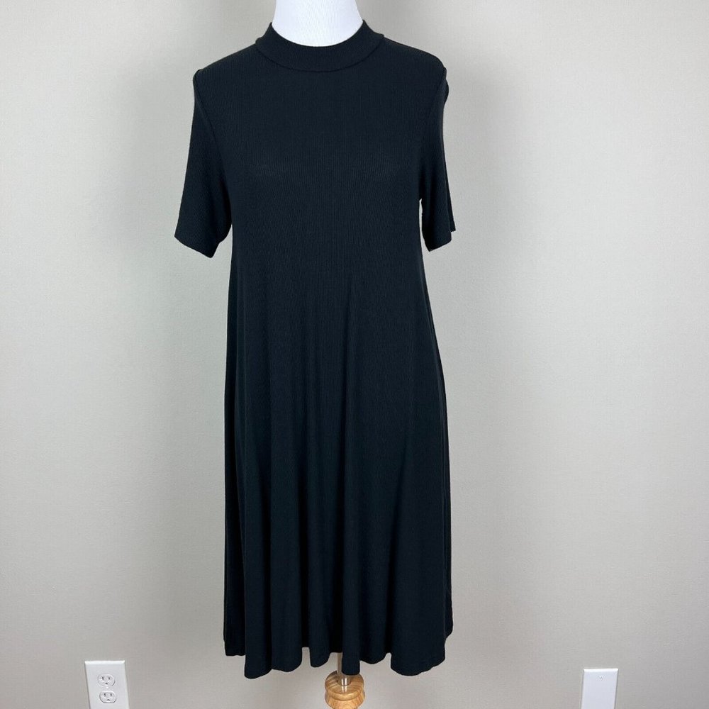 American Eagle Dress Small Black A-Line Open Back Ribbed Short Sleeve Mock Neck